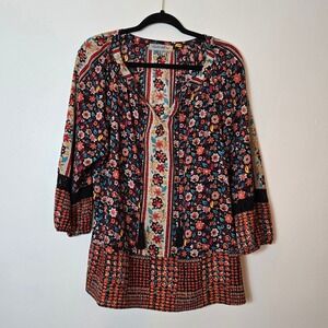 Figueroa & Flower Womens XL Boho Floral Tassel V-Neck Tunic Blouse Black JOS1317